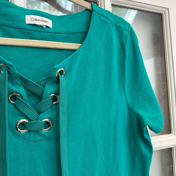 Calvin Klein Teal Lace-Up Shift Dress Stretchy Pullover Style Women’s Size Large - Picture 4 of 12